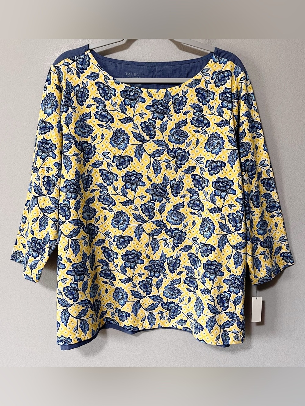 Talbots Blouse Plus Size 2X Yellow Blue Floral Chambray Button Back 3/4 Sleeve